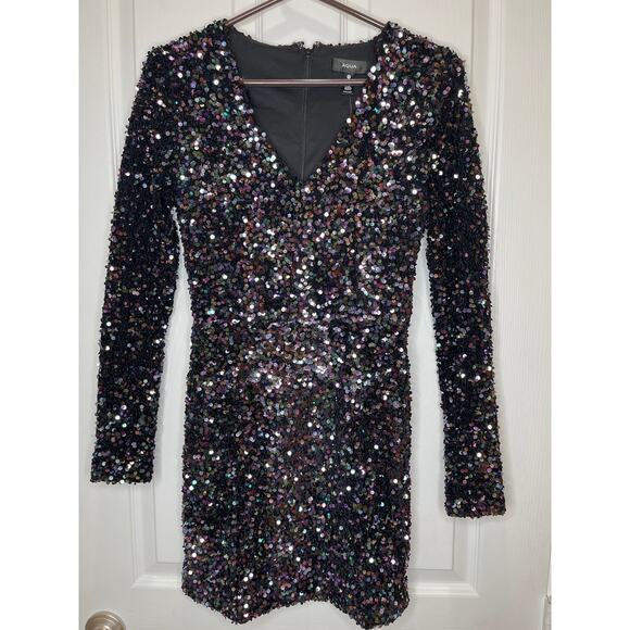 Aqua XS Rainbow Sequined Mini Dress puff sleeve long sleeve - Picture 2 of 5